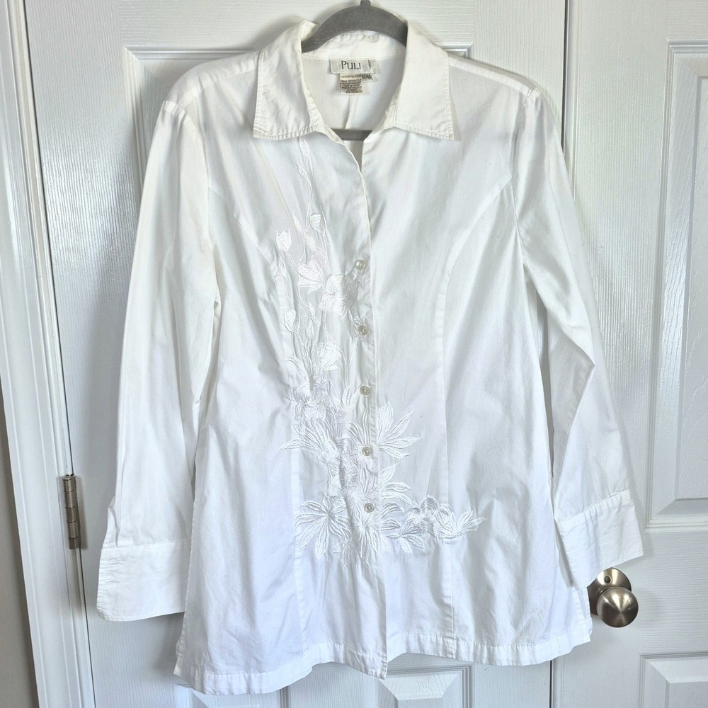 Vintage Puli white button down shirt floral embroidery‎ women's 12 - Picture 2 of 10